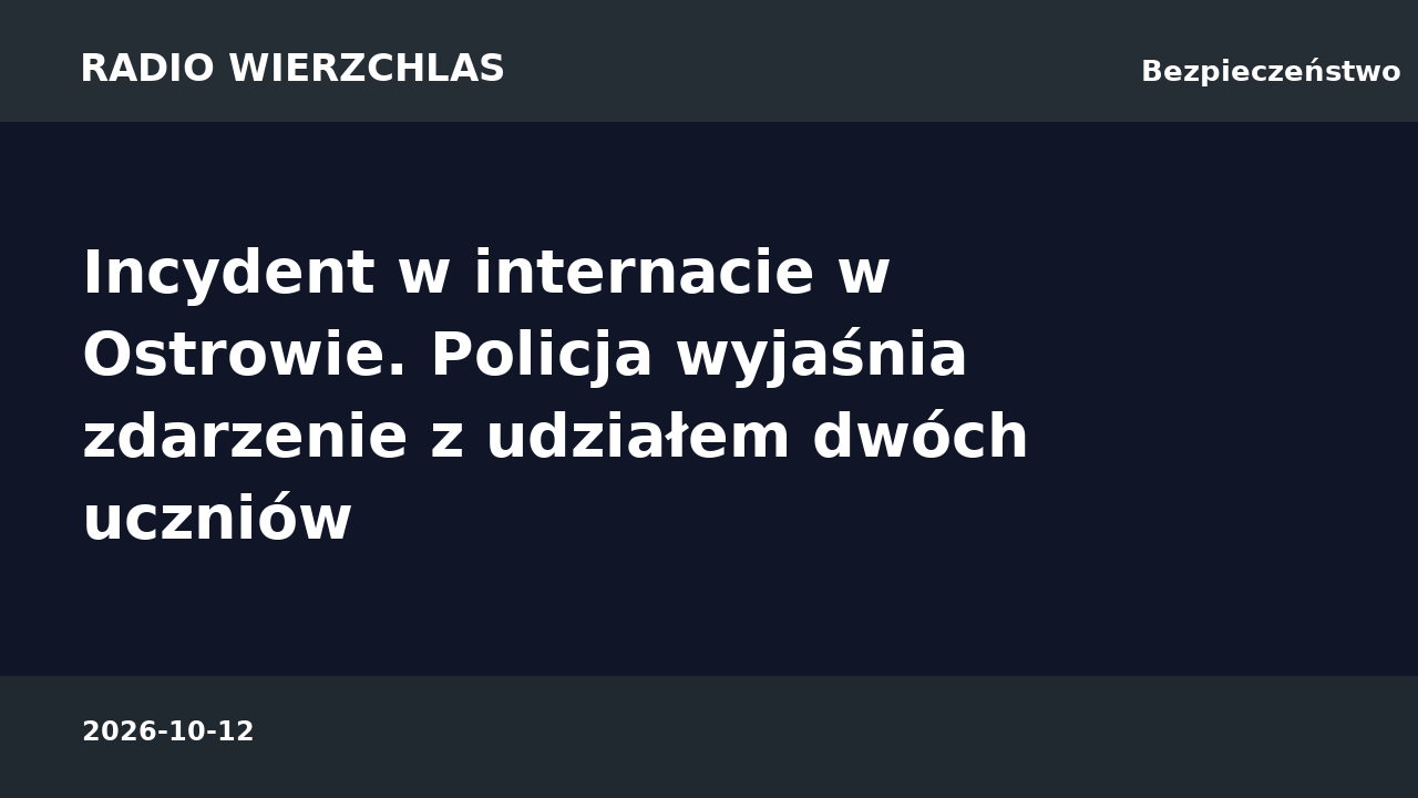 Grafika informacyjna Radio Wierzchlas: Incydent w internacie w Ostrowie. Policja wyjaśnia zdarzenie z udziałem dwóch uczniów.