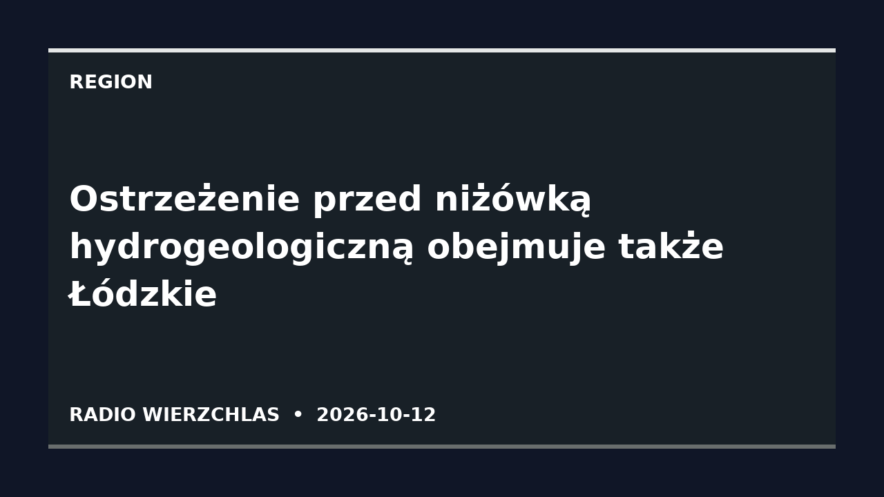 Grafika informacyjna Radio Wierzchlas: Ostrzeżenie przed niżówką hydrogeologiczną obejmuje także Łódzkie.