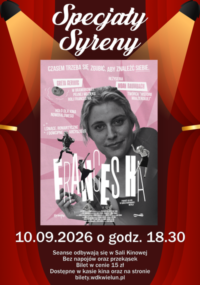 Plakat Specjały Syreny – Frances Ha, 10 września 2026 o godzinie 18:30