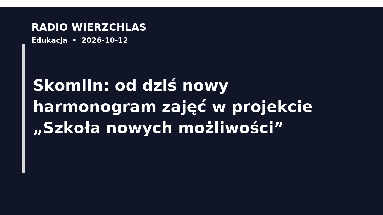 Grafika informacyjna Radio Wierzchlas: Skomlin: od dziś nowy harmonogram zajęć w projekcie „Szkoła nowych możliwości”.