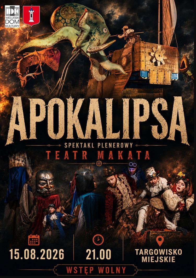 Teatr Makata – ilustracja zapowiedzi plenerowego spektaklu „Apokalipsa” w Wieluniu.