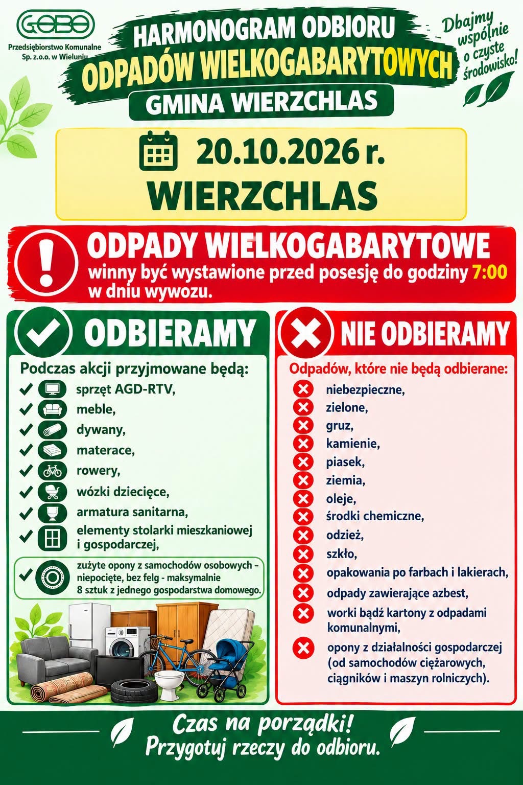 Harmonogram odbioru odpadów wielkogabarytowych w Wierzchlesie — 20 października 2026 r.