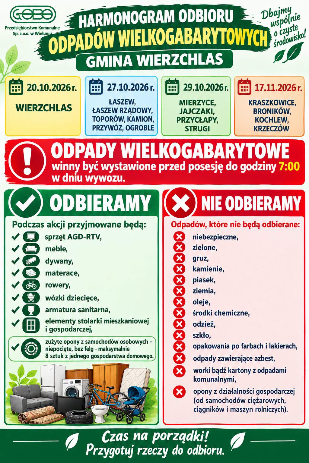 Harmonogram odbioru odpadów wielkogabarytowych w gminie Wierzchlas.