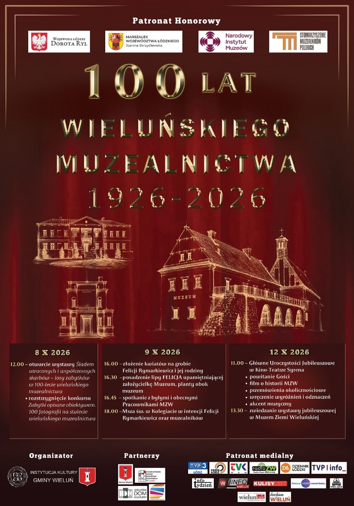 Oficjalny plakat obchodów 100-lecia wieluńskiego muzealnictwa 1926–2026.