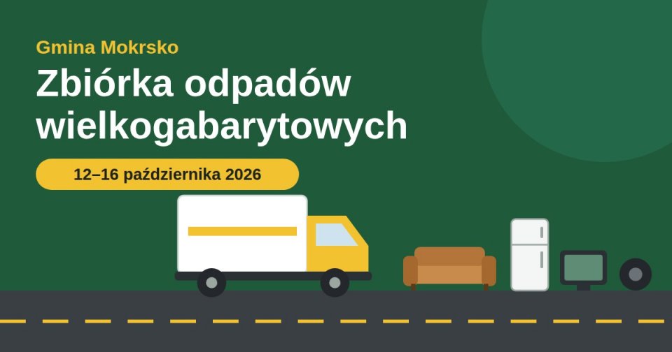 Grafika do informacji: Gmina Mokrsko: trwa odbiór odpadów wielkogabarytowych. Jutro Brzeziny i Krzyworzeka