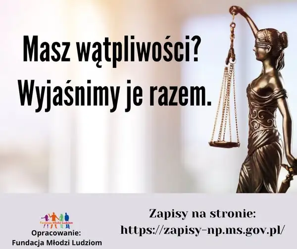 Grafika do informacji: Mieszkańcy powiatu wieruszowskiego mogą skorzystać z bezpłatnych porad prawnych