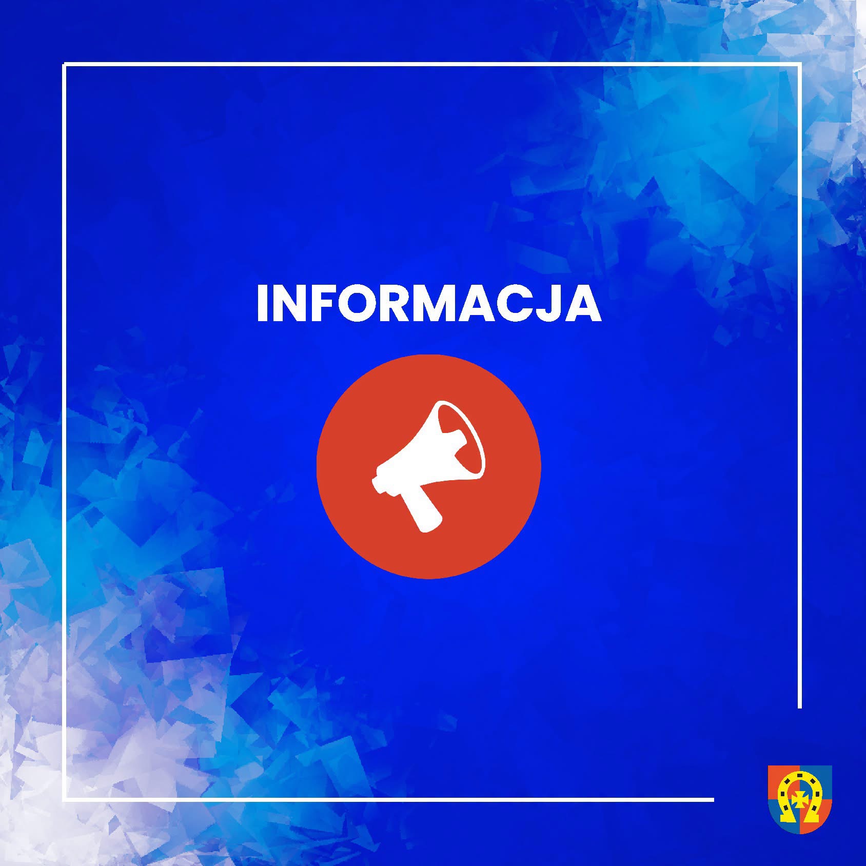 Niebieska grafika informacyjna Gminy Osjaków z symbolem megafonu i herbem gminy.