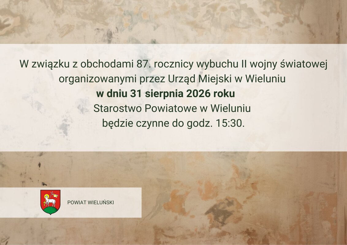 Starostwo Powiatowe w Wieluniu – ilustracja komunikatu o godzinach pracy.