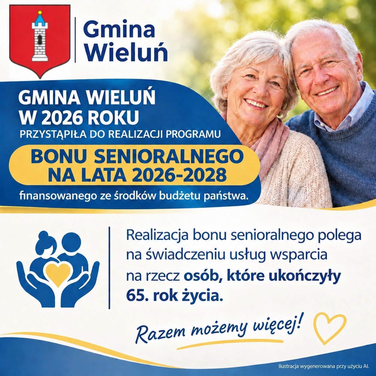 Grafika informacyjna Gminy Wieluń o przystąpieniu w 2026 roku do programu Bon Senioralny na lata 2026–2028, dla osób powyżej 65. roku życia. Ilustracja osób starszych na plakacie została wygenerowana przy użyciu AI.