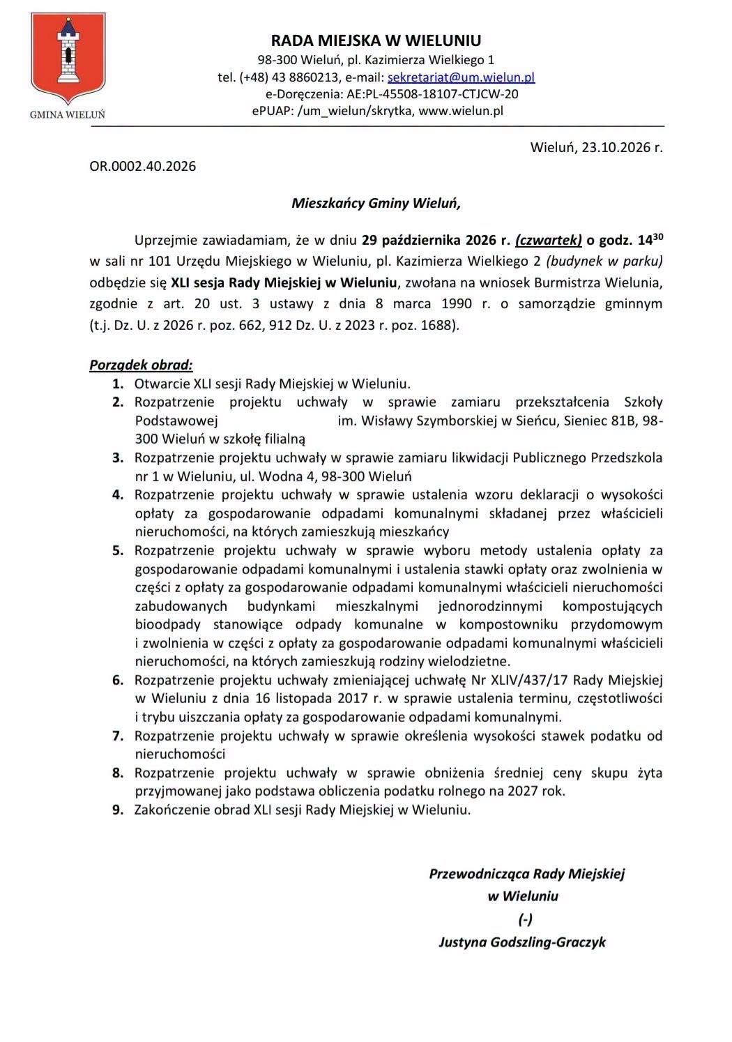 Oficjalne zawiadomienie o XLI sesji Rady Miejskiej w Wieluniu z punktem dotyczącym zamiaru likwidacji Publicznego Przedszkola nr 1 przy ul. Wodnej 4.