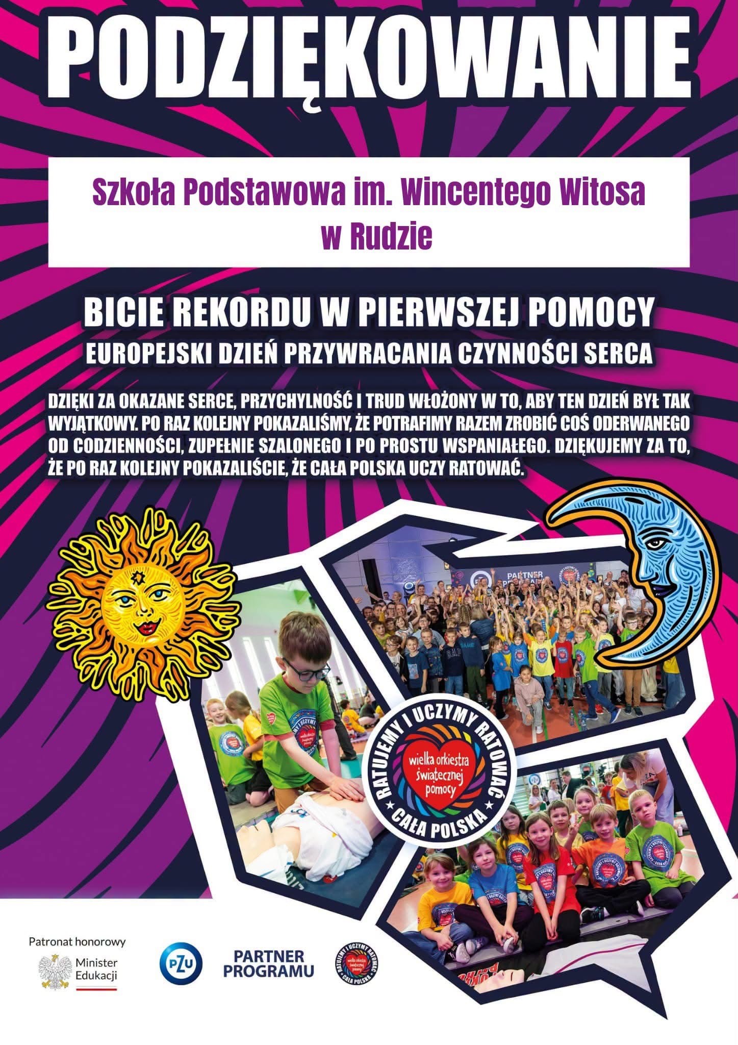 Grafika z podziękowaniem dla Szkoły Podstawowej w Rudzie za udział w akcji bicia rekordu w pierwszej pomocy.