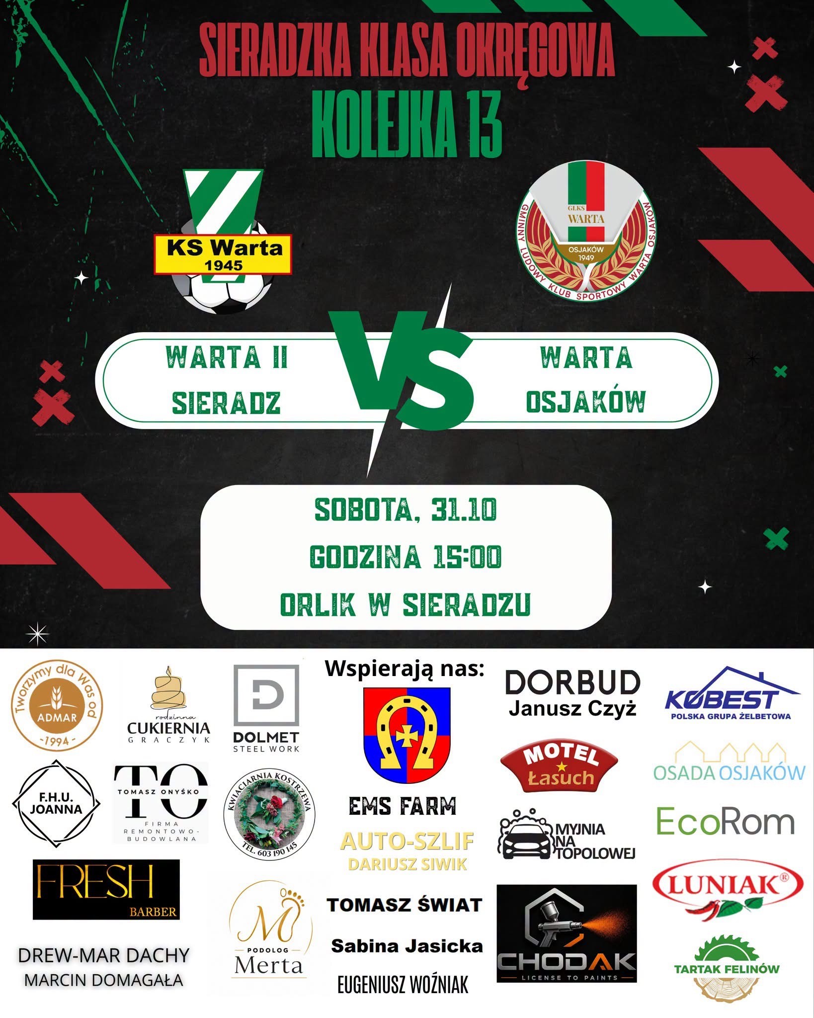 Plakat zapowiadający mecz Warta II Sieradz – GLKS Warta Osjaków, 31 października 2026 roku o godzinie 15:00. Grafika: GLKS Warta Osjaków