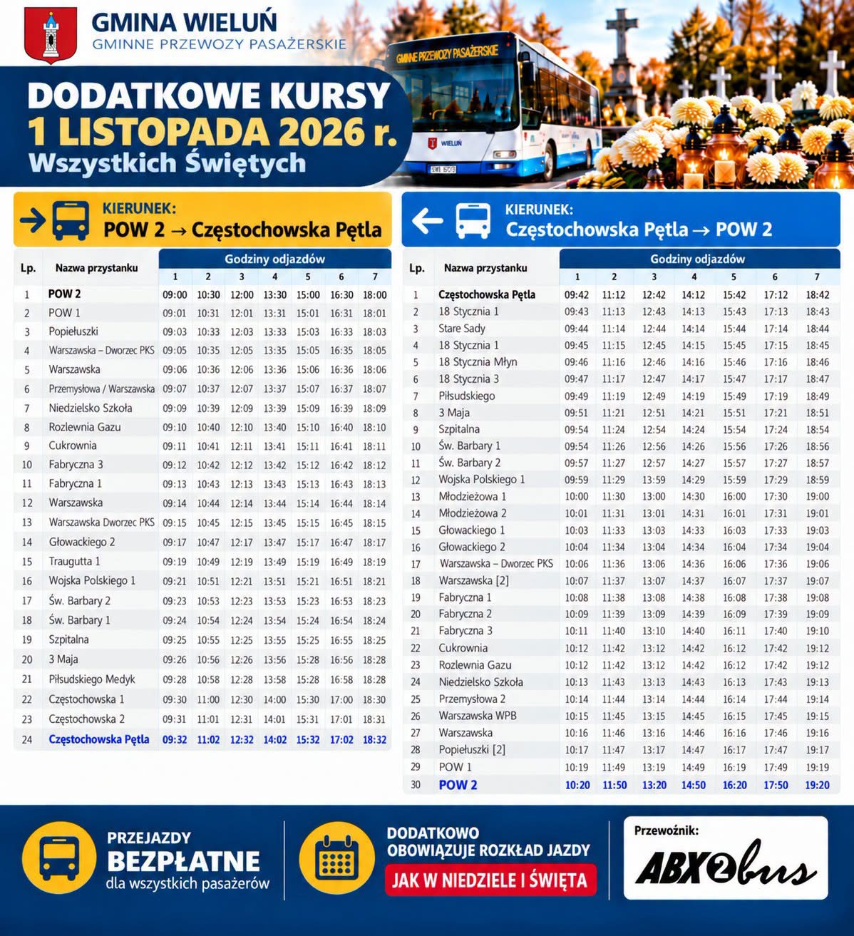 Rozkład dodatkowych bezpłatnych kursów autobusów na 1 listopada 2026 roku. Grafika Gminy Wieluń.