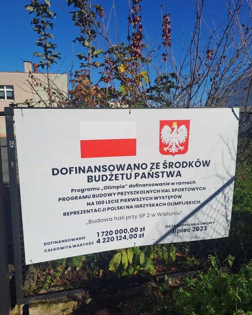 Tablica informacyjna programu Olimpia z kwotami inwestycji i dofinansowania. Fot. UM Wieluń