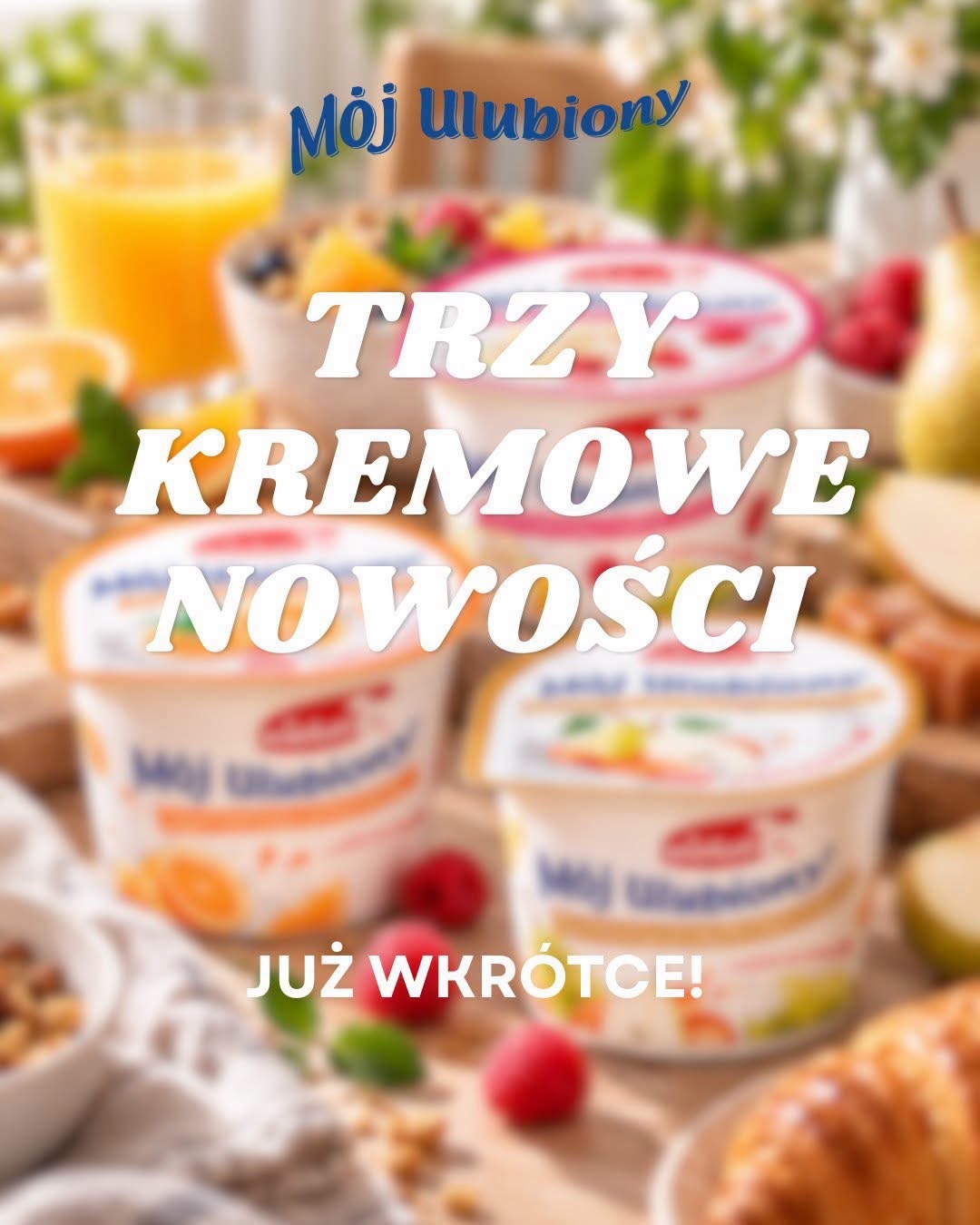 Zapowiedź trzech owocowych wariantów serka – grafika producenta. Fot. Spółdzielnia Dostawców Mleka w Wieluniu