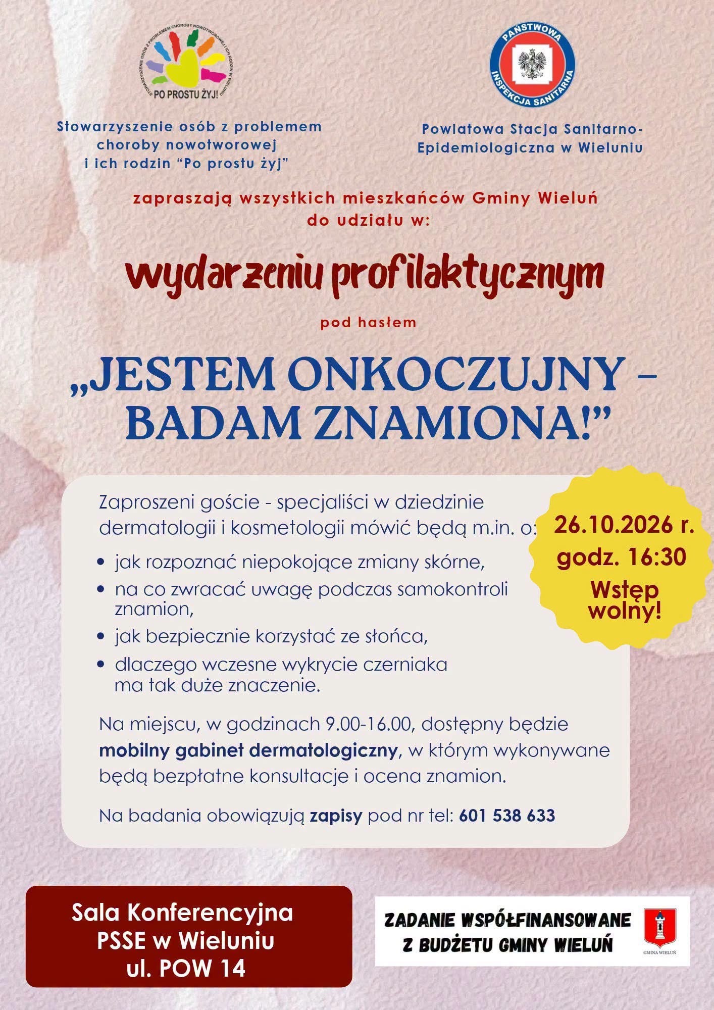 Plakat wydarzenia „Jestem onkoczujny – badam znamiona!”, Wieluń, 26 października 2026: konsultacje dermatologiczne 9:00–16:00, spotkanie z ekspertami o 16:30 przy ul. POW 14. Grafika: organizatorzy