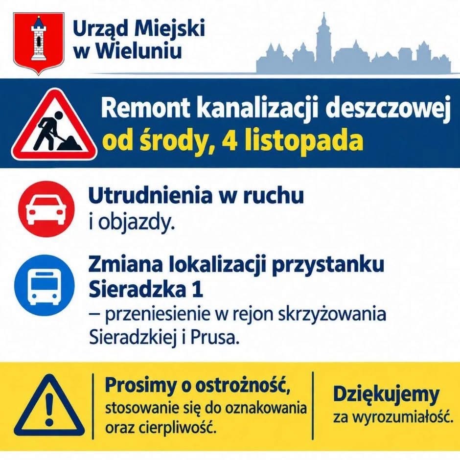 Komunikat Urzędu Miejskiego w Wieluniu: remont kanalizacji deszczowej od 4 listopada, utrudnienia i objazdy oraz przeniesienie przystanku Sieradzka 1. Grafika: Urząd Miejski w Wieluniu
